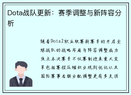 Dota战队更新：赛季调整与新阵容分析