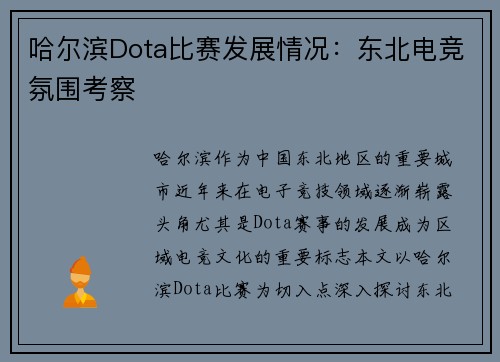 哈尔滨Dota比赛发展情况：东北电竞氛围考察
